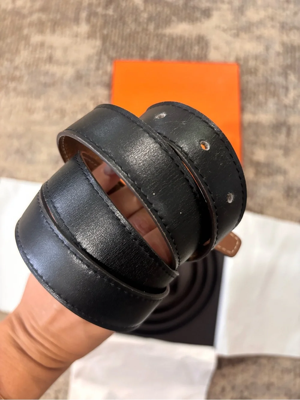 Authentic HERMES H Constance black brown silver buckle leather belt 95cm